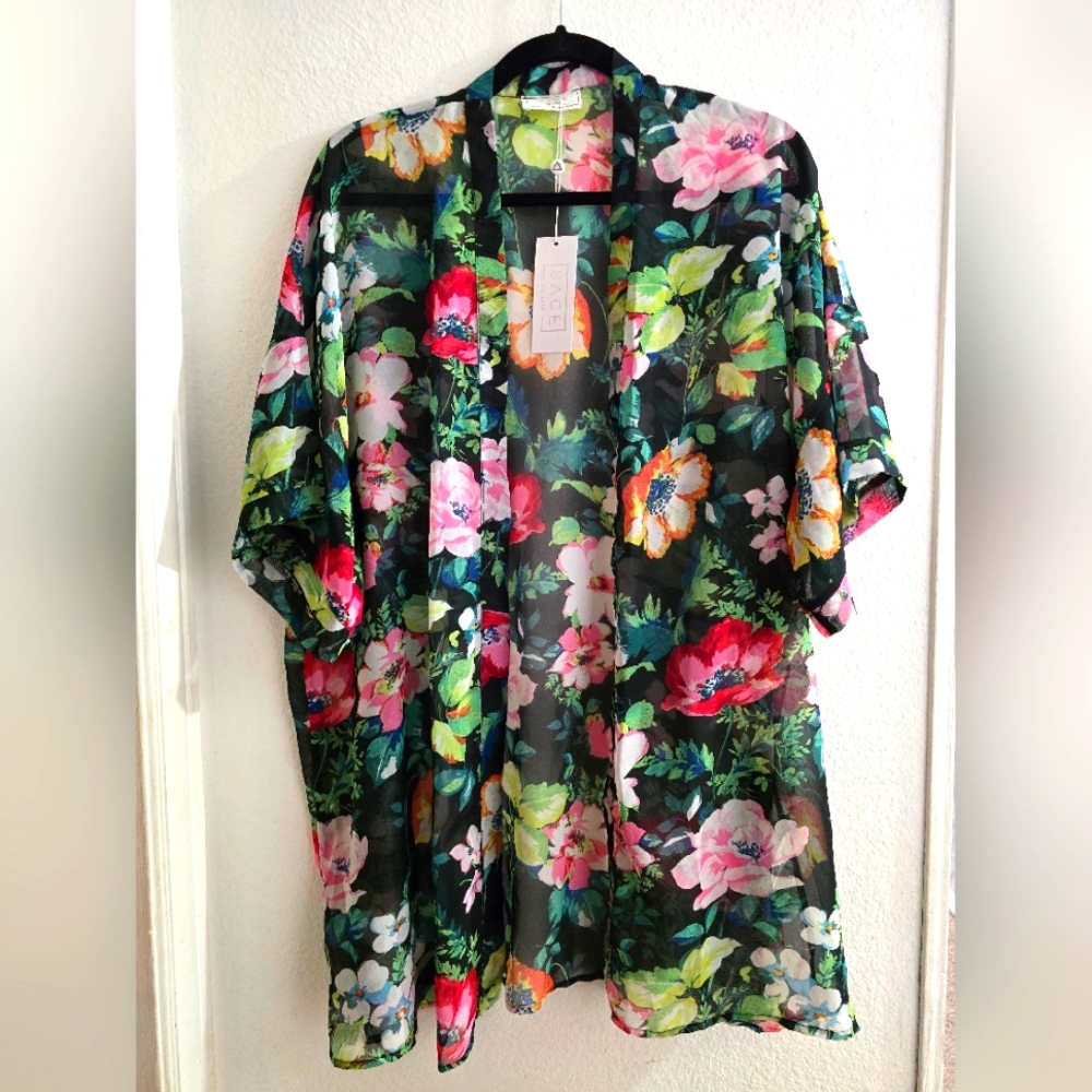 Mid Length Semi Sheer Bright Colored Floral Kimono